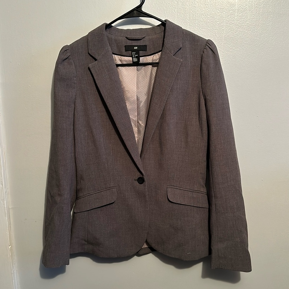 H&M Gray Single-Button Puff Shoulder Blazer Size 8